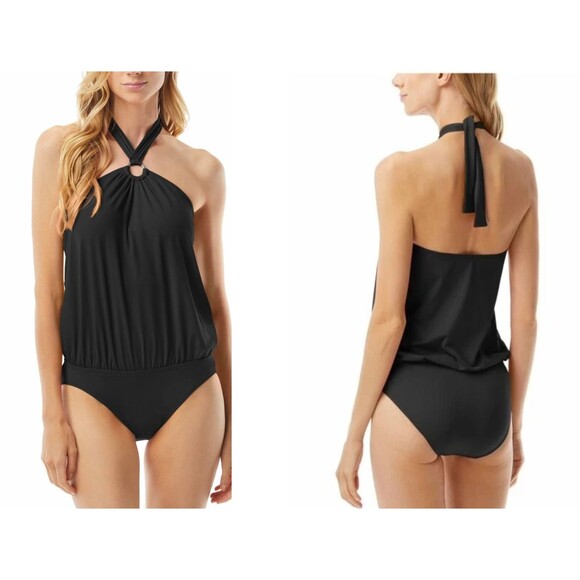 NWT Michael Kors Women's Logo Ring Halter Blouson One Piece Swimsuit 8  Black - Picture 2 of 4